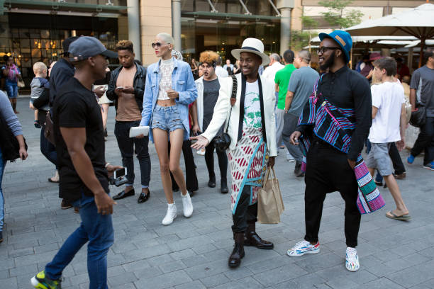 Street fashion at Mercedes Benz Joburg Fashion Week on March 12 at Nelson Mandela Square Johannesburg, South Africa.