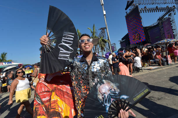 Street vendor offers merchandise of Madonna before a massive free show to close "The Celebration Tour" at Copacabana Beach on May 04, 2024 in Rio de...