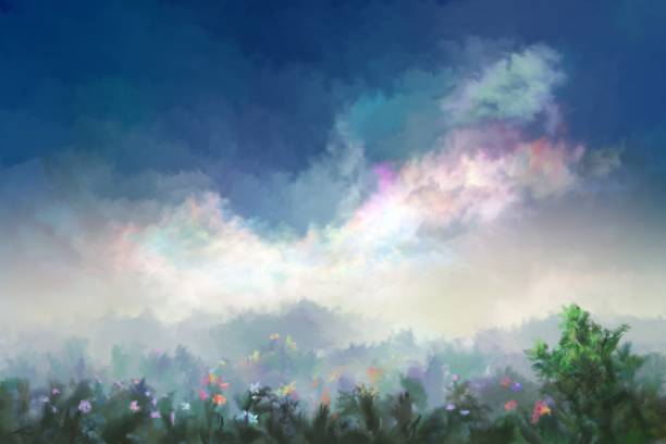 summer meadow in the morning fog - garden decoration stock illustrations