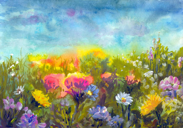 summer meadow, watercolor painting impressionism - garden decoration stock illustrations