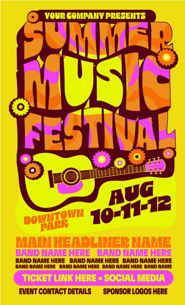 summer music festival retro hippie style poster typography design template with acoustic guitar, flowers and bright rgb colors abstract shapes - concert stock illustrations