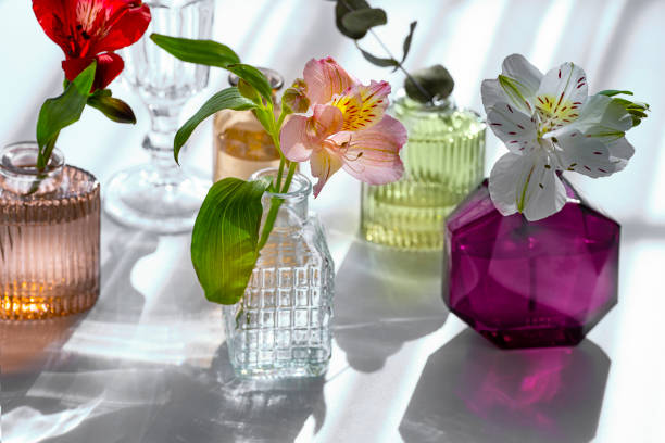 summer scene with flowers in the colorful glass vases from perfume. sun and shadows. minimal nature background. - garden decoration stock pictures, royalty-free photos & images