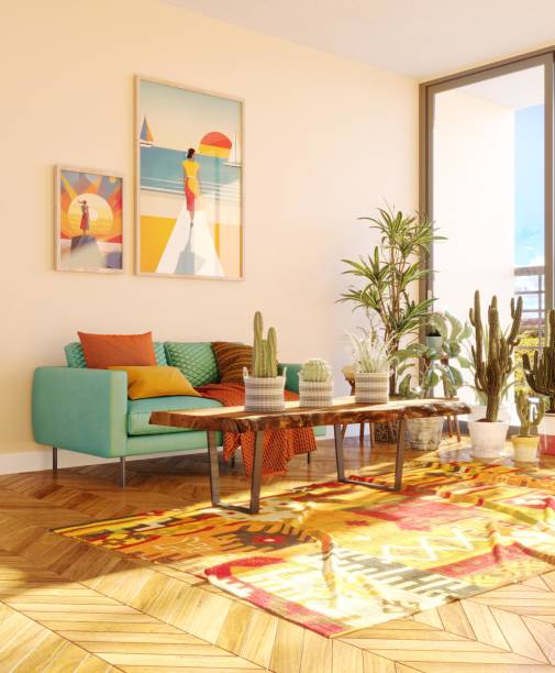 sunlit living room with cactuses - home decoration stock pictures, royalty-free photos & images