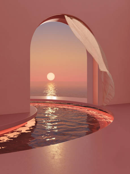 sunset view over the sea from the archway on the poolside - home decoration stock pictures, royalty-free photos & images