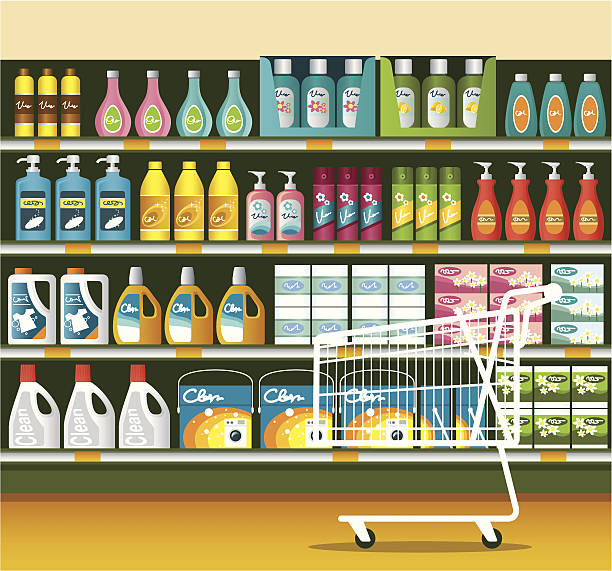 supermarket with cleaning product packaging - home decoration stock illustrations