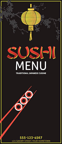 sushi restaurant menu or background with paper lantern and chopsticks - junk food stock illustrations