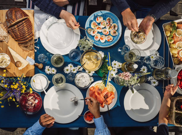 swedish summer midsommar midsummer celebration dinner party - food stock pictures, royalty-free photos & images