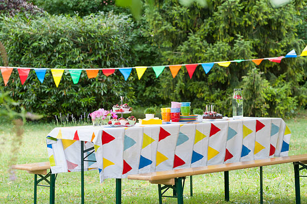 table in garden on a birthday party - home decoration stock pictures, royalty-free photos & images