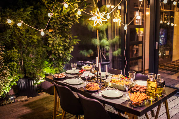 table ready for dinner party - garden decoration stock pictures, royalty-free photos & images