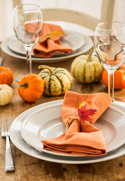table setting with small pumpkins - home decoration stock pictures, royalty-free photos & images