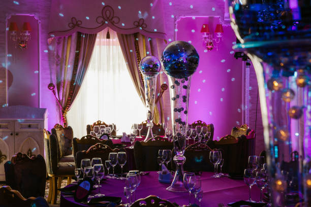 tables on party served with glasses and discoballs - concert stock pictures, royalty-free photos & images