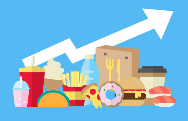 take out and fast food rising inflation prices concept food and supplies going upward with arrow - junk food stock illustrations