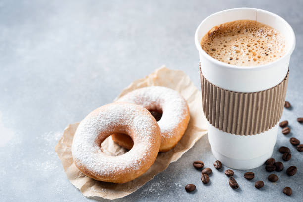 takeaway coffee in paper cup and classical donuts - junk food stock pictures, royalty-free photos & images
