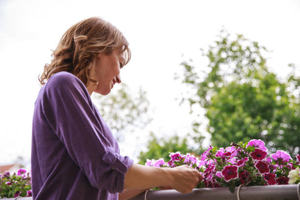 taking care of her plants in the balcony - garden decoration stock pictures, royalty-free photos & images