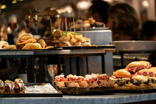 tapas and pinchos in a tapas bar in spain - food stock pictures, royalty-free photos & images
