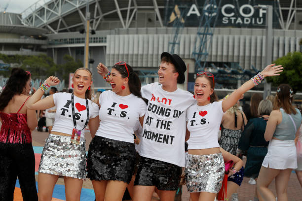 Taylor Swift fans, also known as "Swifties", pose for photographs outside Accor Stadium at Taylor Swift's first Sydney concert on February 23, 2024...