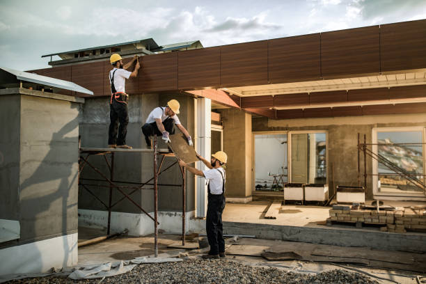 team van bouwvakarbeiders die samenwerken aan een huis exterieur. - home decoration stockfoto's en -beelden