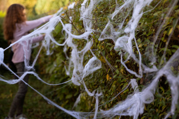 teenager decorating a yard with fake spider webs for halloween - garden decoration stock pictures, royalty-free photos & images