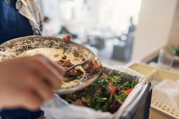 teenager wirft mittagsreste in einen bio-kompostbehälter. - food stock-fotos und bilder