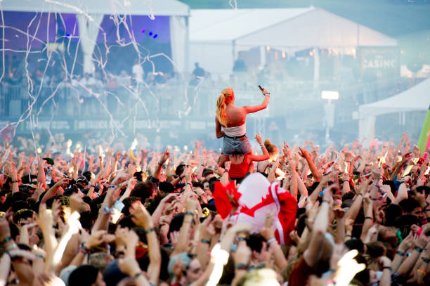The corwd watching DVBBS performing during Day 7 of the 50th Festival D'ete De Quebec on the Main Stage at the Plaines D' Abraham on July 12, 2017 in...