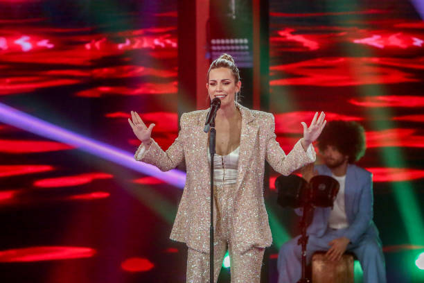 The singer Edurne in the solidarity special 'United for peace: Ukraine in the heart', on April 6 in Madrid, Spain. La 1 and RTVE Play broadcast live...