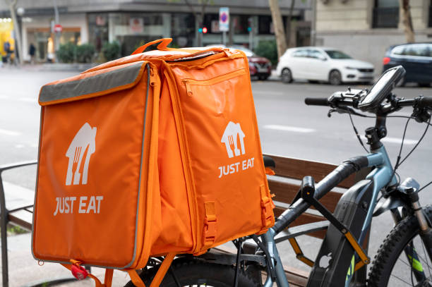 The Spanish start-up on-demand delivery company, Just Eat, bag seen on a bike in Spain.
