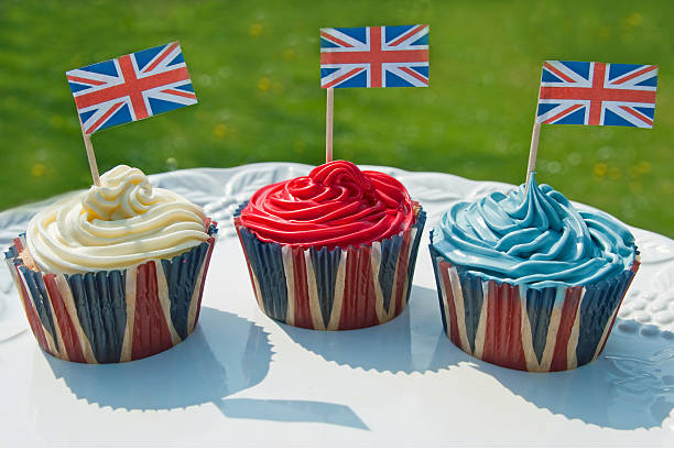three british cupcakes - garden decoration stock pictures, royalty-free photos & images