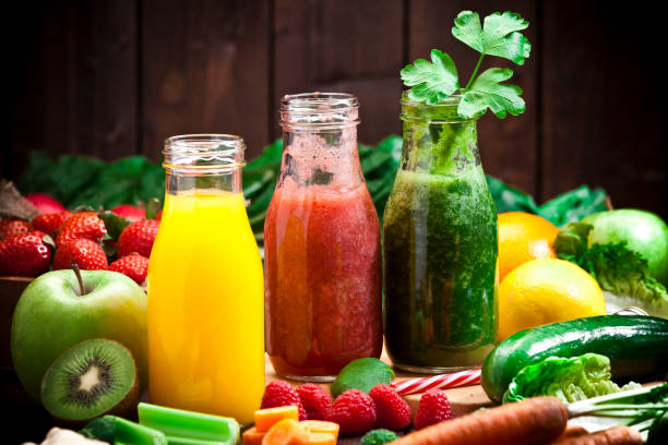 three fruits and vegetables detox drinks - food stock pictures, royalty-free photos & images