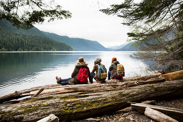three girls on a day hike. - travel stock pictures, royalty-free photos & images