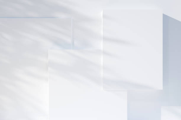 three white podiums with shadows. flat lay - home decoration stock pictures, royalty-free photos & images