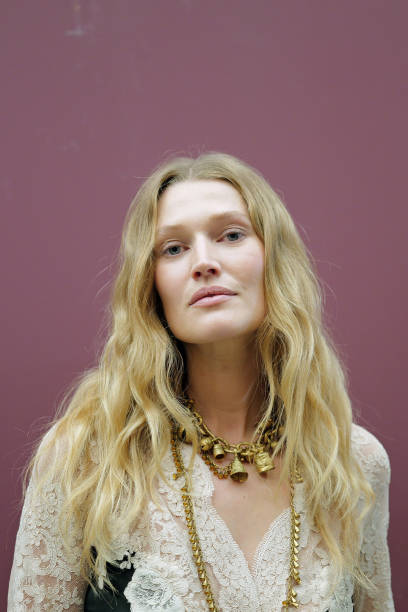 Toni Garrn poses backstage prior to the Zimmermann Womenswear Fall/Winter 2025-2026 show as part of Paris Fashion Week at Le Petit Palais on March...