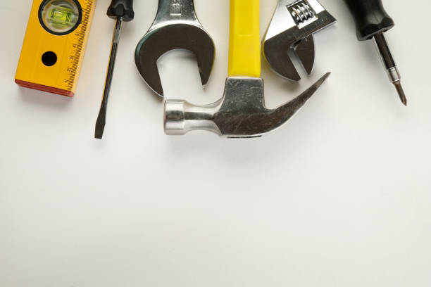 tools for building a house or repairing an apartment, on a white table or background. the foreman's workplace. the theme of home and professional repairs, business and construction industry. copy space. - home decoration stoc
