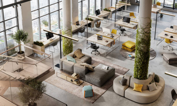 top view 3d image of a environmentally friendly office space - home decoration stock pictures, royalty-free photos & images