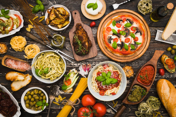 top view table full of food - food stock pictures, royalty-free photos & images
