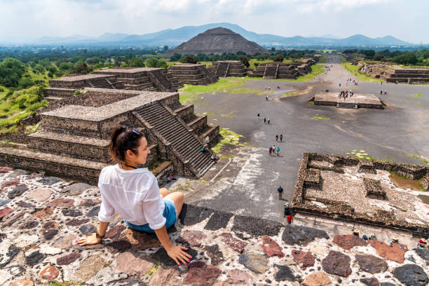 tourism in mexico - young adult tourist at ancient pyramids - travel stock pictures, royalty-free photos & images