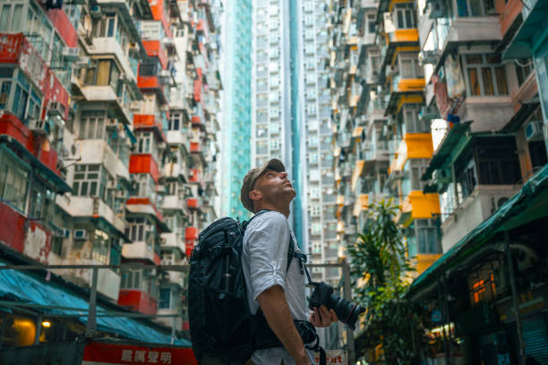 tourist exploring the city in hong kong island - travel stock-fotos und bilder