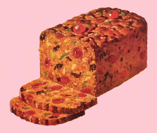 traditional fruitcake with slices set on a pink background - food stock illustrations