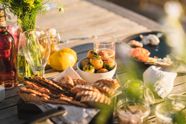 traditional swedish midsummer food - garden decoration stock pictures, royalty-free photos & images