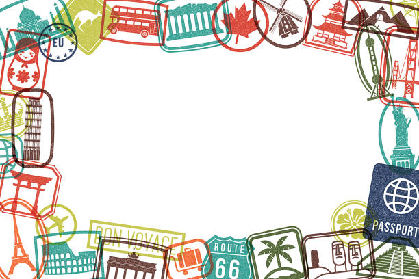 travel landmarks rubber stamps grunge picture frame grunge background - travel stock illustrations