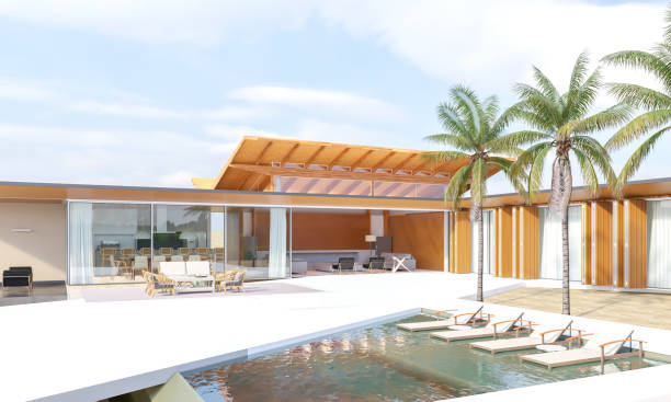 tropical holiday villa resort with swimming pool - garden decoration photos et images de collection