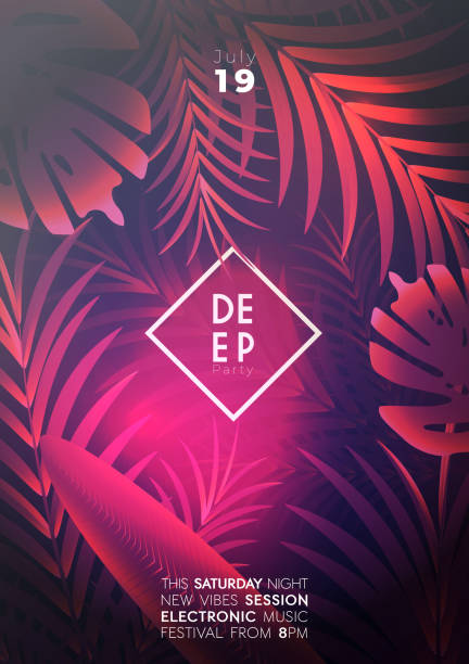 tropical neon summer beach party poster - garden decoration stock illustrations