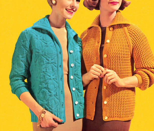 two women wearing cardigans - fashion stock illustrations