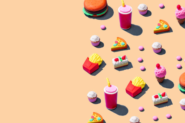 unhealthy food made with modeling clay as a concept of unnutritious junk food - junk food stock pictures, royalty-free photos & images