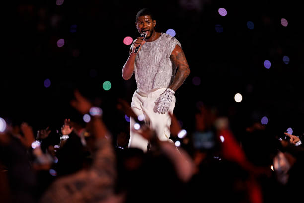 Usher performs onstage during the Apple Music Super Bowl LVIII Halftime Show at Allegiant Stadium on February 11, 2024 in Las Vegas, Nevada.