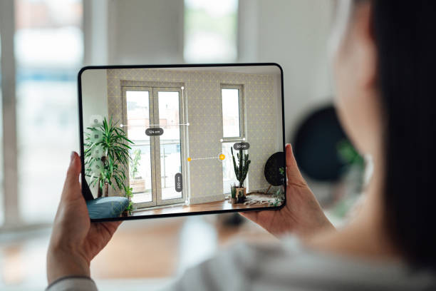 using augmented reality technology to measure dimensions - home decoration stock pictures, royalty-free photos & images