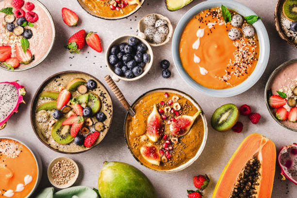 variety of healthy smoothie bowls - food stock pictures, royalty-free photos & images