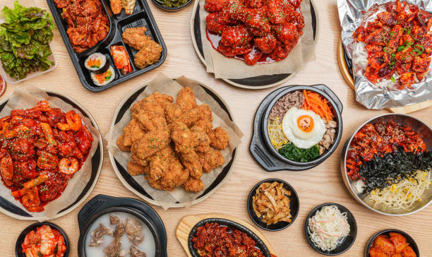 variety of korean food. - junk food stock pictures, royalty-free photos & images