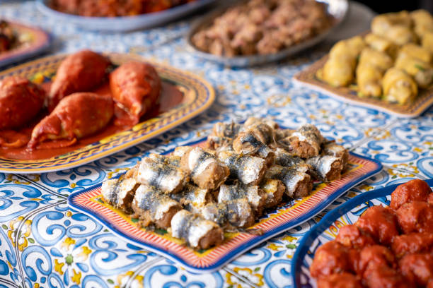various types of seafood, appetizingly served plates, close-up, culinaria, sicilian food, sicily, italy, travel 2023 - food stock pictures, royalty-free photos & images
