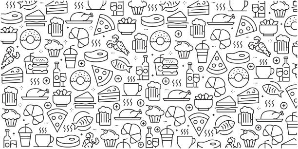 vector set of design templates and elements for food and drink in trendy linear style - seamless patterns with linear icons related to food and drink - vector - food stock illustrations