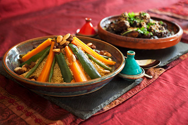 vegetable couscous and meat tagine - food stock pictures, royalty-free photos & images